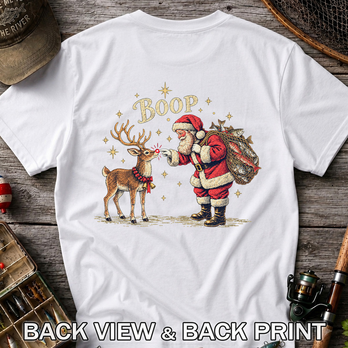 Santa and Reindeer Fishing Christmas Graphic T-Shirt | Back Print