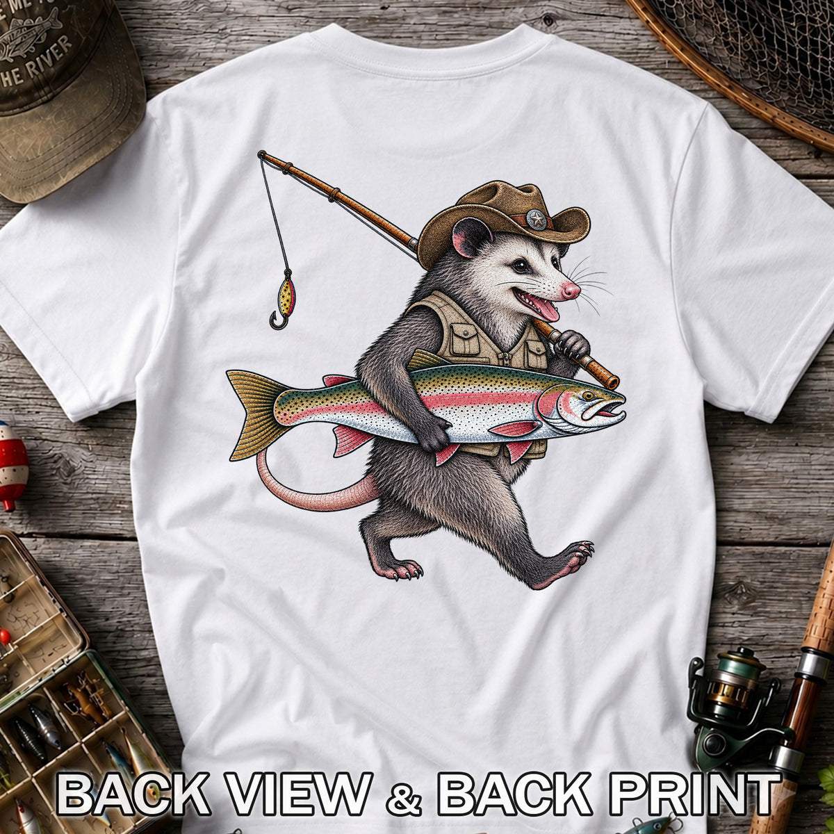 Cowboy Opossum Holding Rainbow Trout Fishing Graphic T-Shirt | Back Print