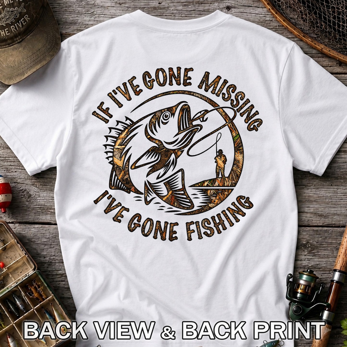 If I've Gone Missing I've Gone Fishing Jumping Bass Funny T-Shirt | Back Print