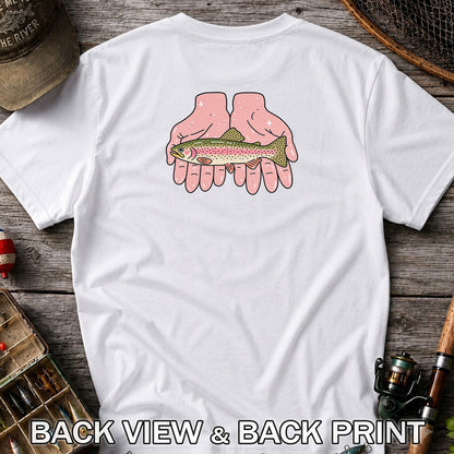 Rainbow Trout Held in Pink Hands Fishing Graphic T-Shirt | Back Print