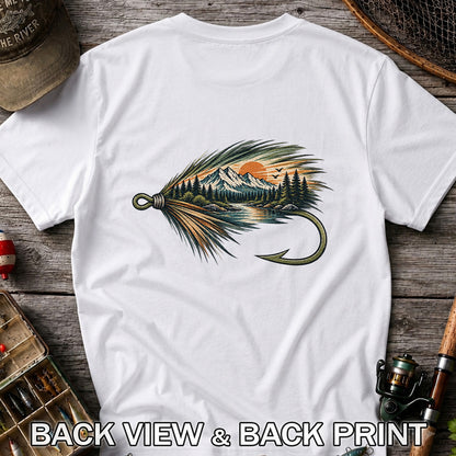 Mountain Lake Fly Fishing Hook Graphic T-Shirt | Back Print