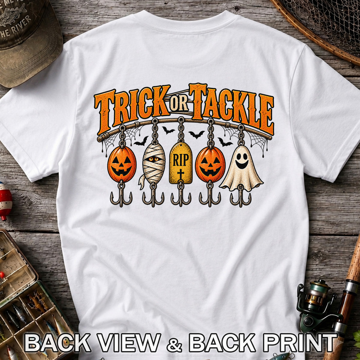 Trick or Tackle Pumpkin Ghost and Mummy Fishing Lures Halloween T-Shirt | Back Print