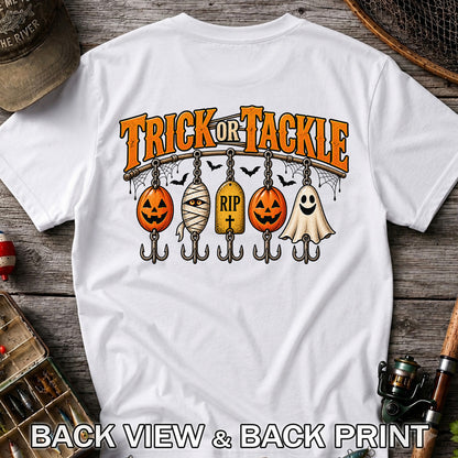 Trick or Tackle Pumpkin Ghost and Mummy Fishing Lures Halloween T-Shirt | Back Print