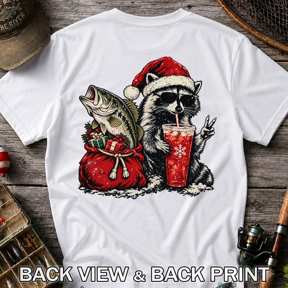 Santa Raccoon Sharing a Bass Christmas Fishing Graphic T-Shirt | Back Print