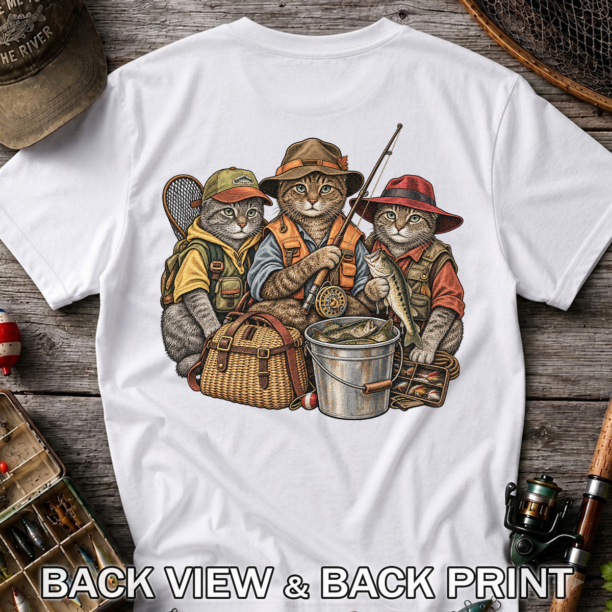 Three Fishing Cats with Rod and Catch Vintage Graphic T-Shirt | Back Print
