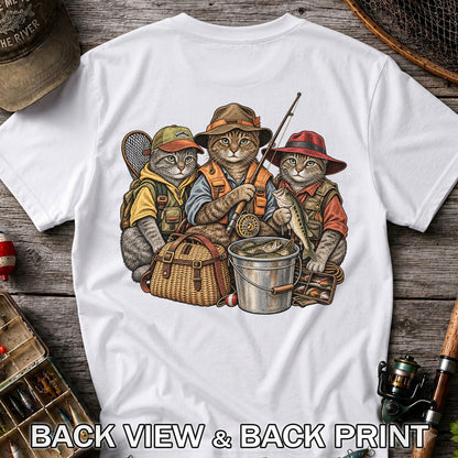 Three Fishing Cats with Rod and Catch Vintage Graphic T-Shirt | Back Print