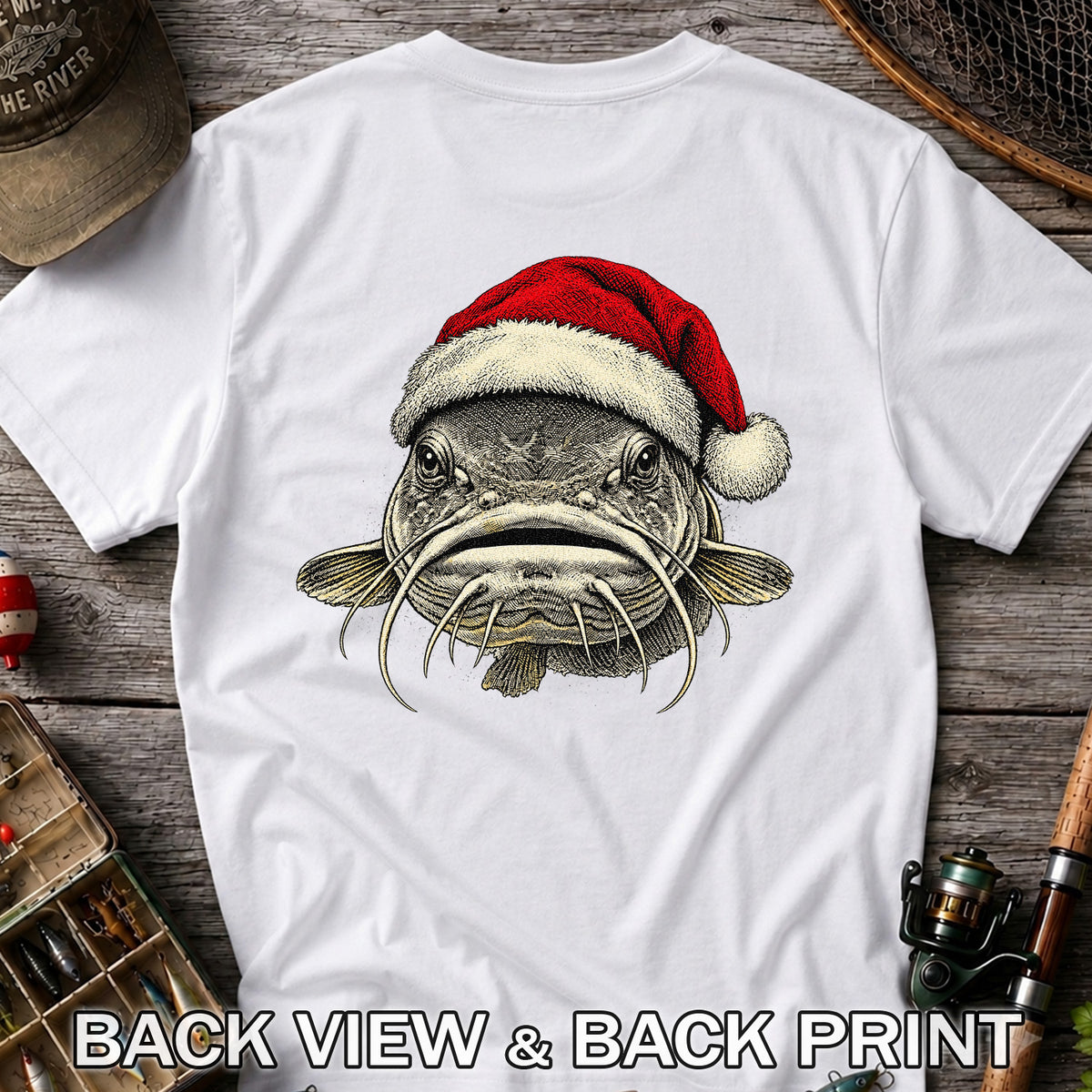 Christmas Catfish Santa Hat Holiday Fishing Graphic T-Shirt | Back Print
