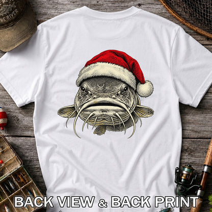 Christmas Catfish Santa Hat Holiday Fishing Graphic T-Shirt | Back Print