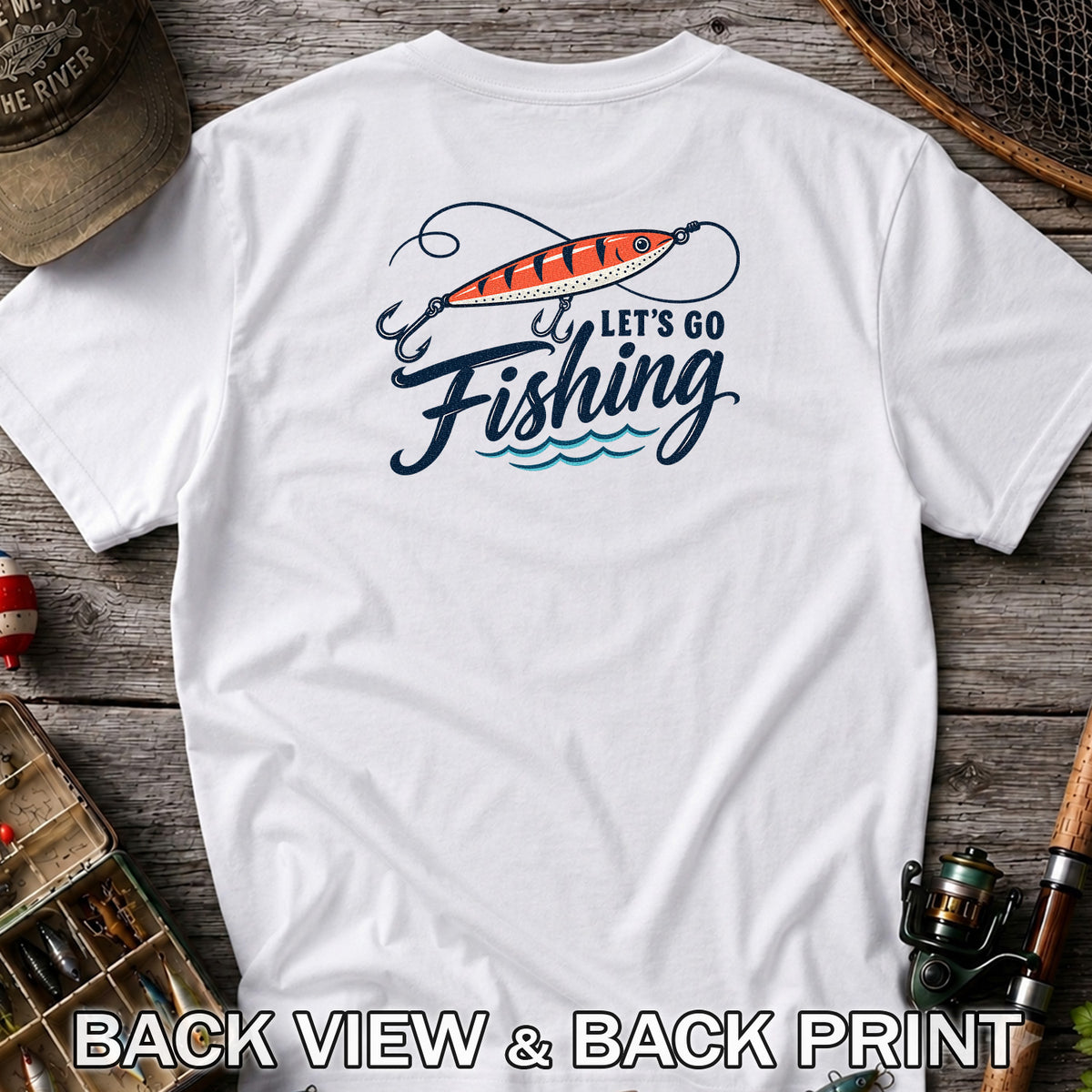 Let's Go Fishing Retro Fishing Lure Graphic T-Shirt | Back Print