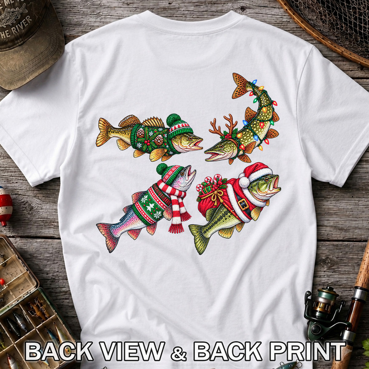 Festive Christmas Fish Wearing Holiday Sweaters Fishing T-Shirt | Back Print
