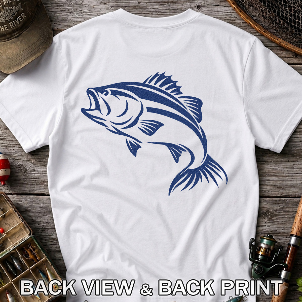 Blue Bass Fishing Line Art Graphic T-Shirt | Back Print