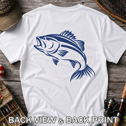 Blue Bass Fishing Line Art Graphic T-Shirt | Back Print