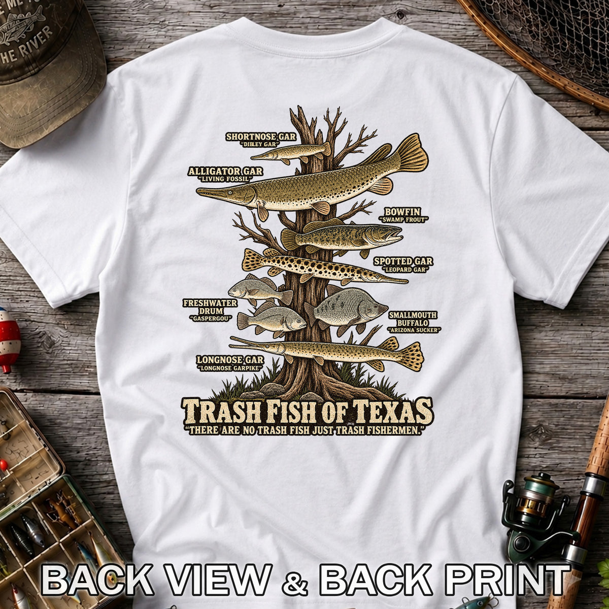 Trash Fish of Texas Gar and Freshwater Fish Graphic T-Shirt | Back Print