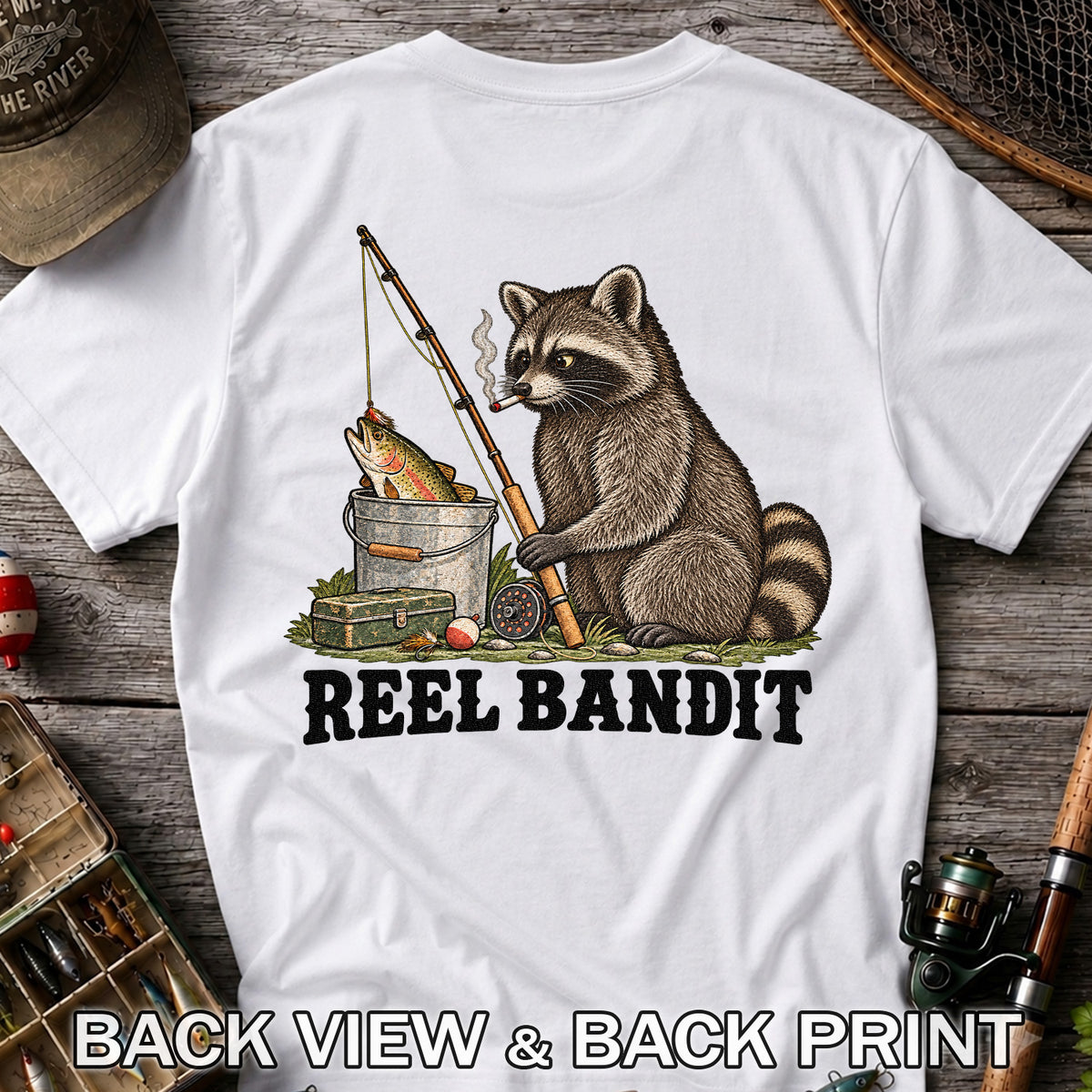 Reel Bandit Smoking Raccoon with Fishing Rod Funny T-Shirt | Back Print