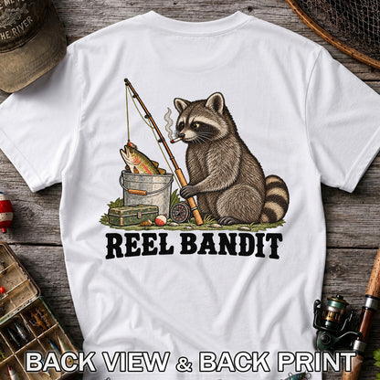 Reel Bandit Smoking Raccoon with Fishing Rod Funny T-Shirt | Back Print