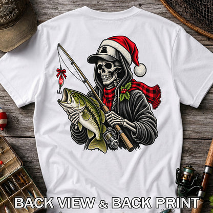 Christmas Skeleton Angler with Santa Hat and Bass Fishing T-Shirt | Back Print
