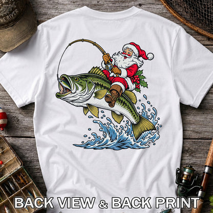 Santa Claus Riding a Bass Christmas Fishing Graphic T-Shirt | Back Print