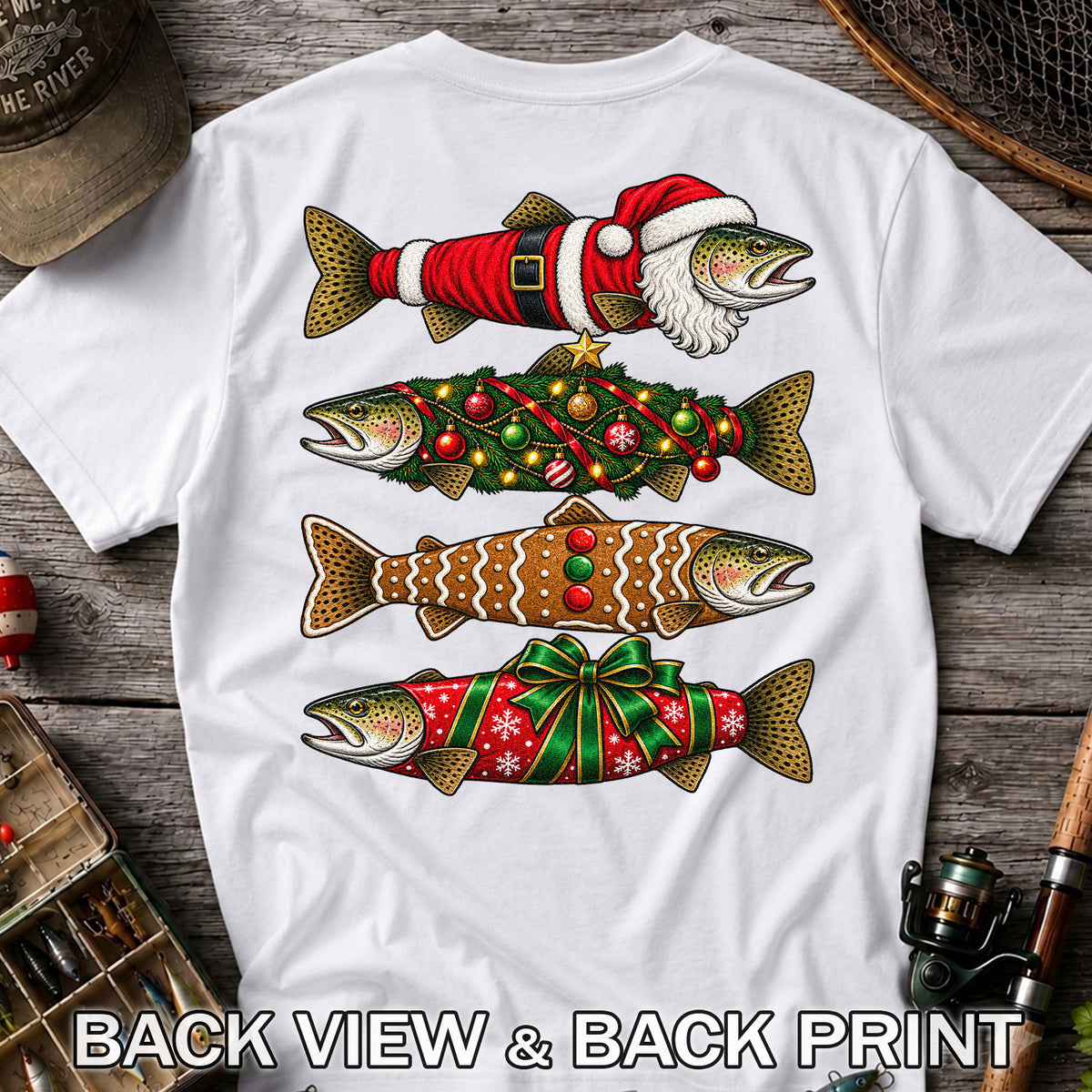 Festive Christmas Trout Santa and Gingerbread Fishing T-Shirt | Back Print