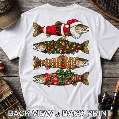 Festive Christmas Trout Santa and Gingerbread Fishing T-Shirt | Back Print