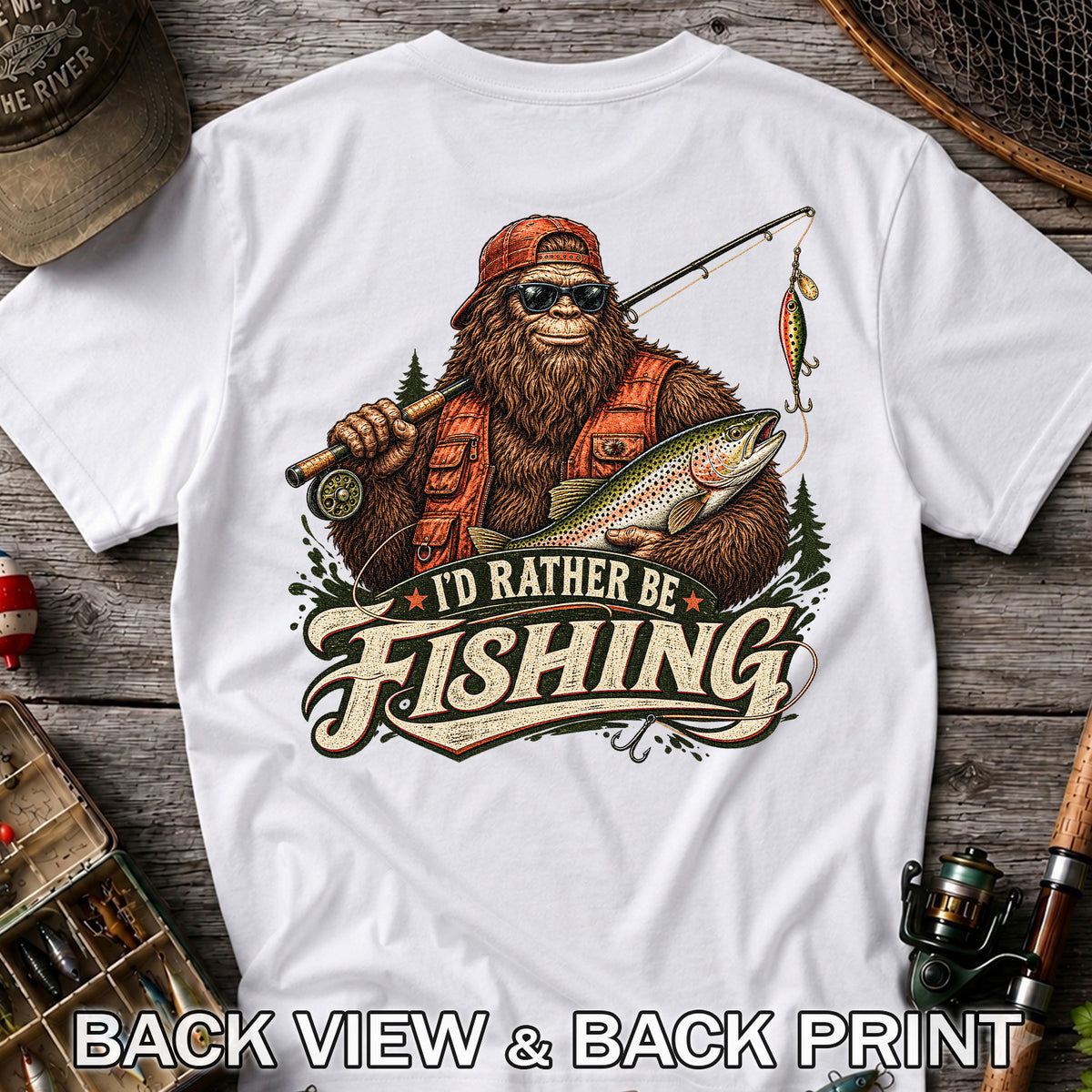 Bigfoot Holding Trout Funny Fishing Graphic T-Shirt | Back Print