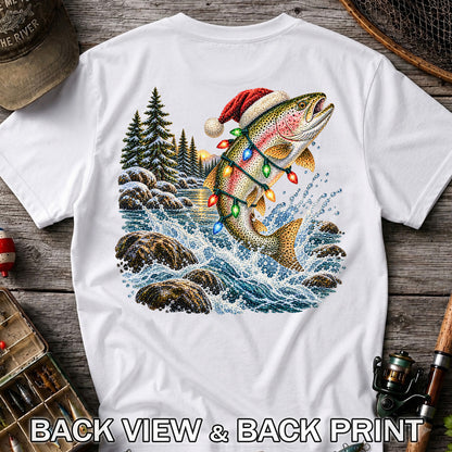 Santa Hat Rainbow Trout Christmas Fishing Graphic T-Shirt | Back Print