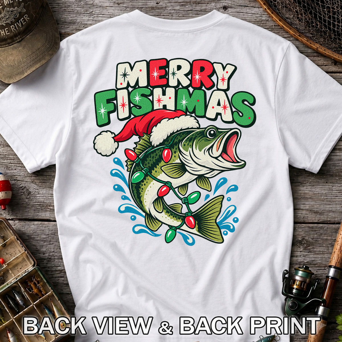 Christmas Bass Wrapped in Lights Graphic T-Shirt | Back Print