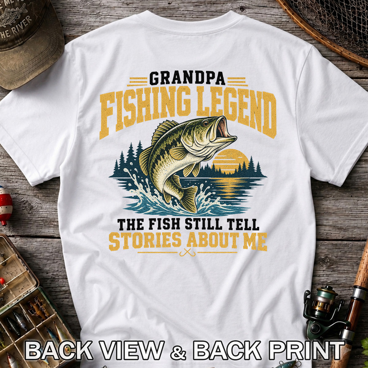 Grandpa Fishing Legend Jumping Bass Vintage Fishing T-Shirt | Back Print