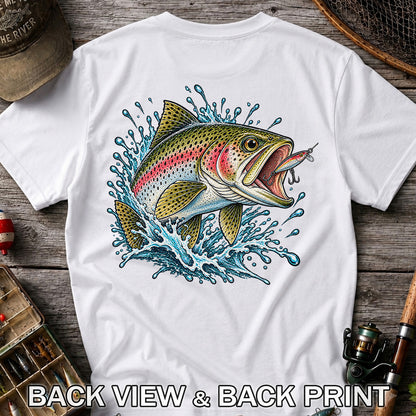 Rainbow Trout Striking a Fishing Lure Graphic T-Shirt | Back Print