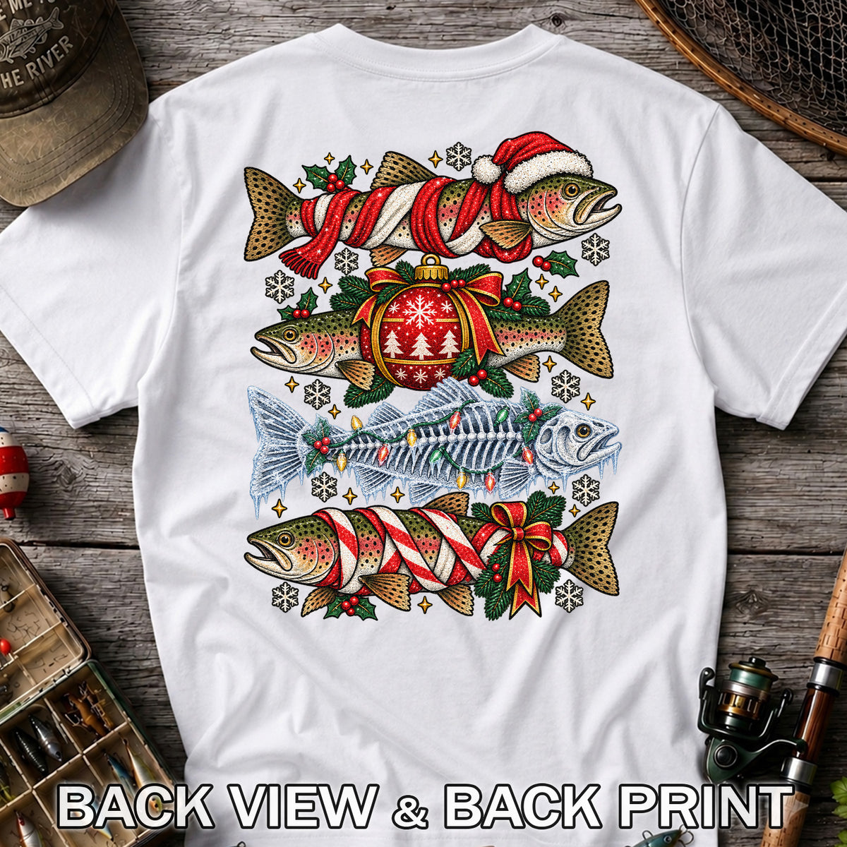 Christmas Rainbow Trout and Fish Skeleton Fishing Graphic T-Shirt | Back Print