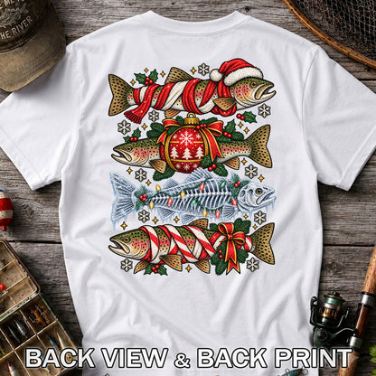 Christmas Rainbow Trout and Fish Skeleton Fishing Graphic T-Shirt | Back Print
