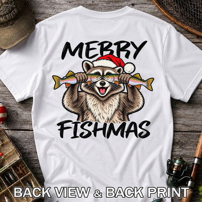 Merry Fishmas Raccoon Rainbow Trout Christmas Fishing T-Shirt | Back Print