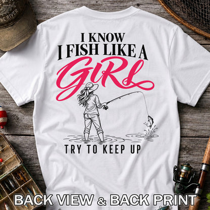 Funny Woman Fishing Graphic T-Shirt with Line Art Design | Back Print