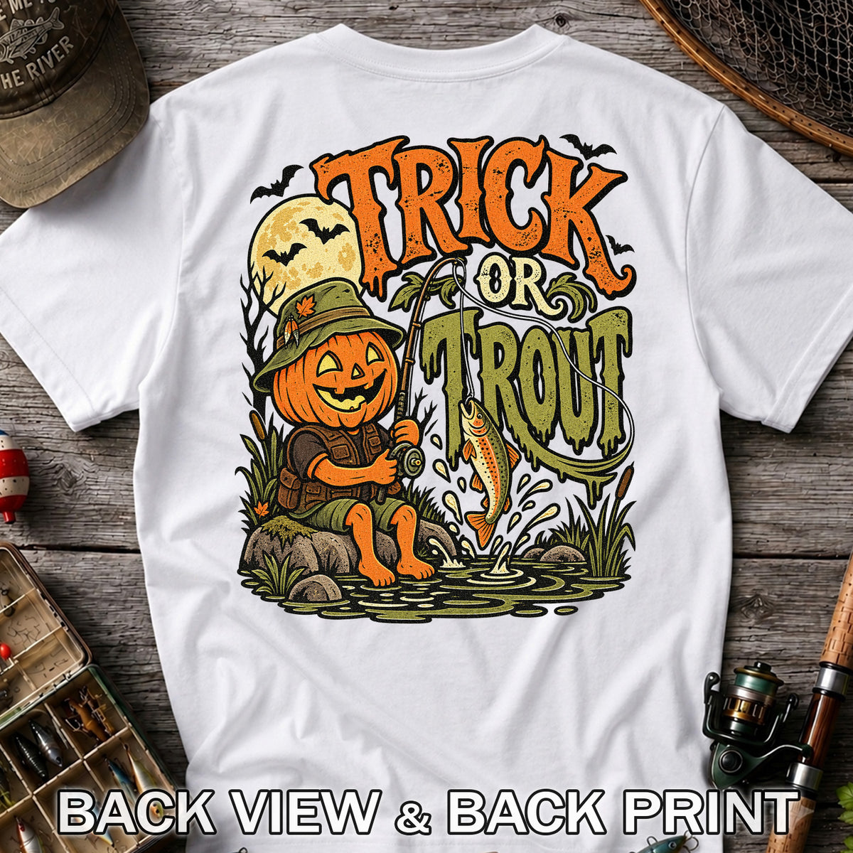 Trick or Trout Pumpkin Angler Halloween Fishing T-Shirt | Back Print