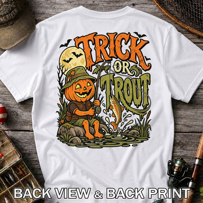 Trick or Trout Pumpkin Angler Halloween Fishing T-Shirt | Back Print