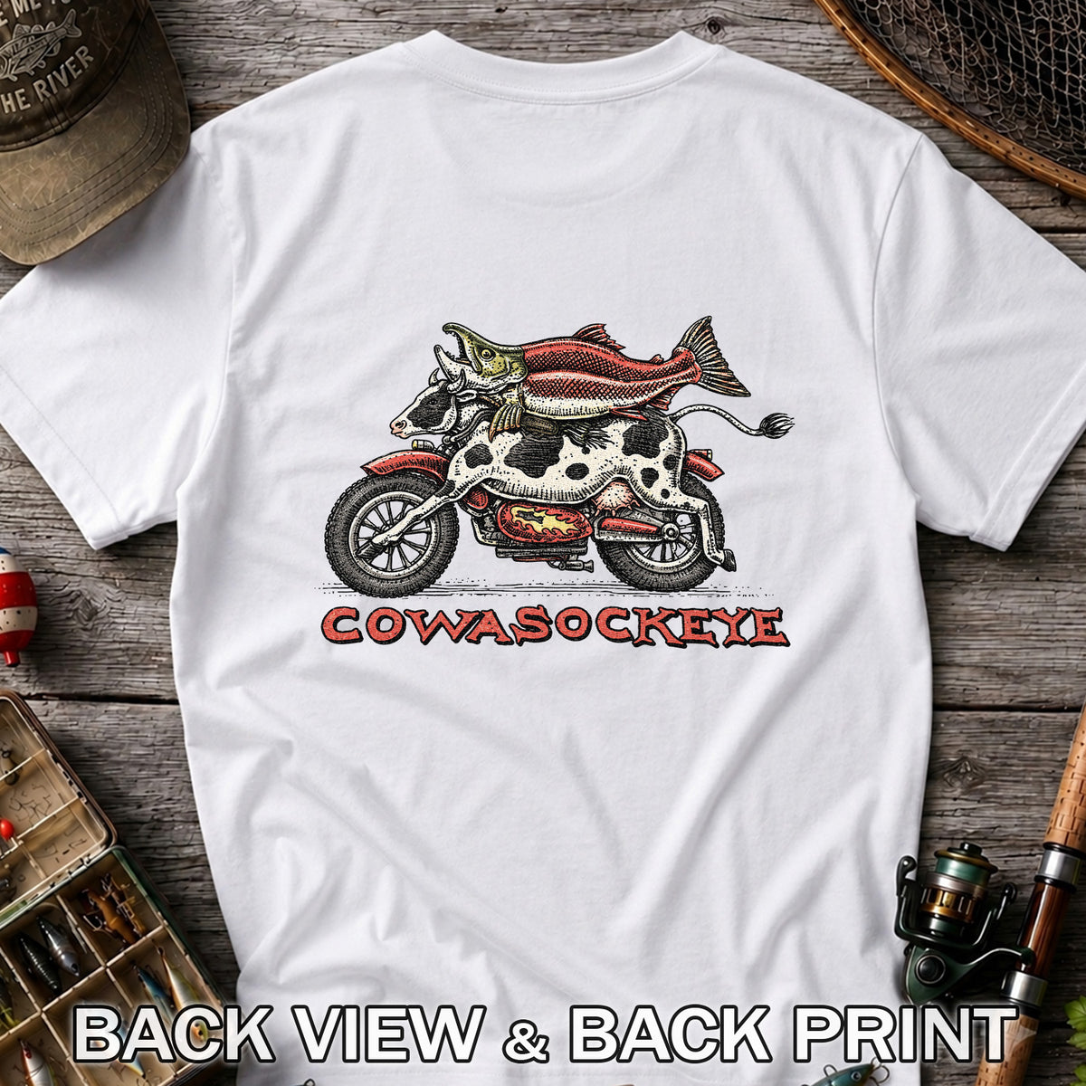 Cowasockeye Trout Motorcycle Funny Fishing Graphic T-Shirt | Back Print