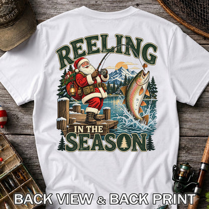 Reeling in the Season Santa Fishing for Rainbow Trout Christmas T-Shirt | Back Print