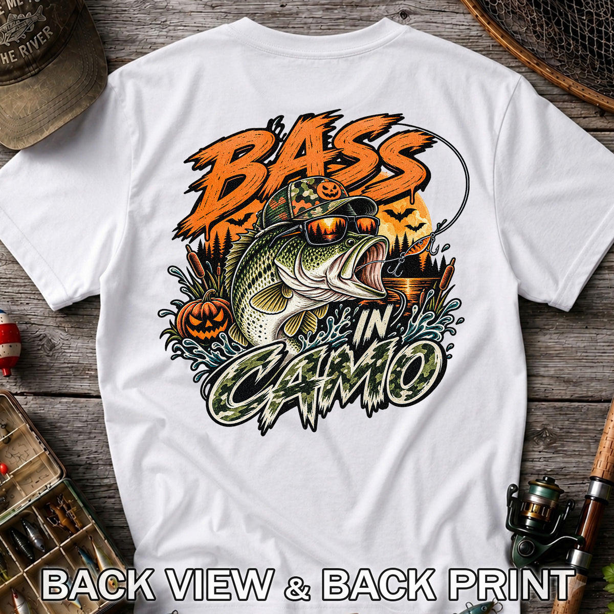 Bass in Camo Halloween Pumpkin Bass Fishing Graphic T-Shirt | Back Print