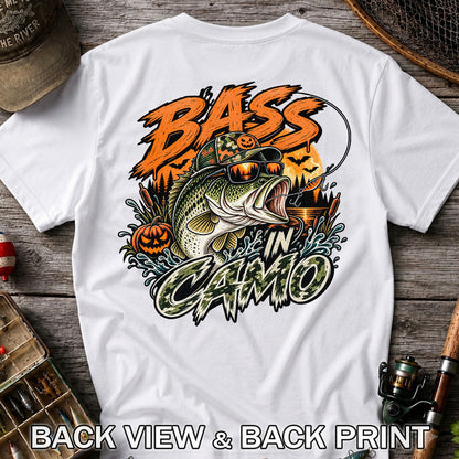 Bass in Camo Halloween Pumpkin Bass Fishing Graphic T-Shirt | Back Print
