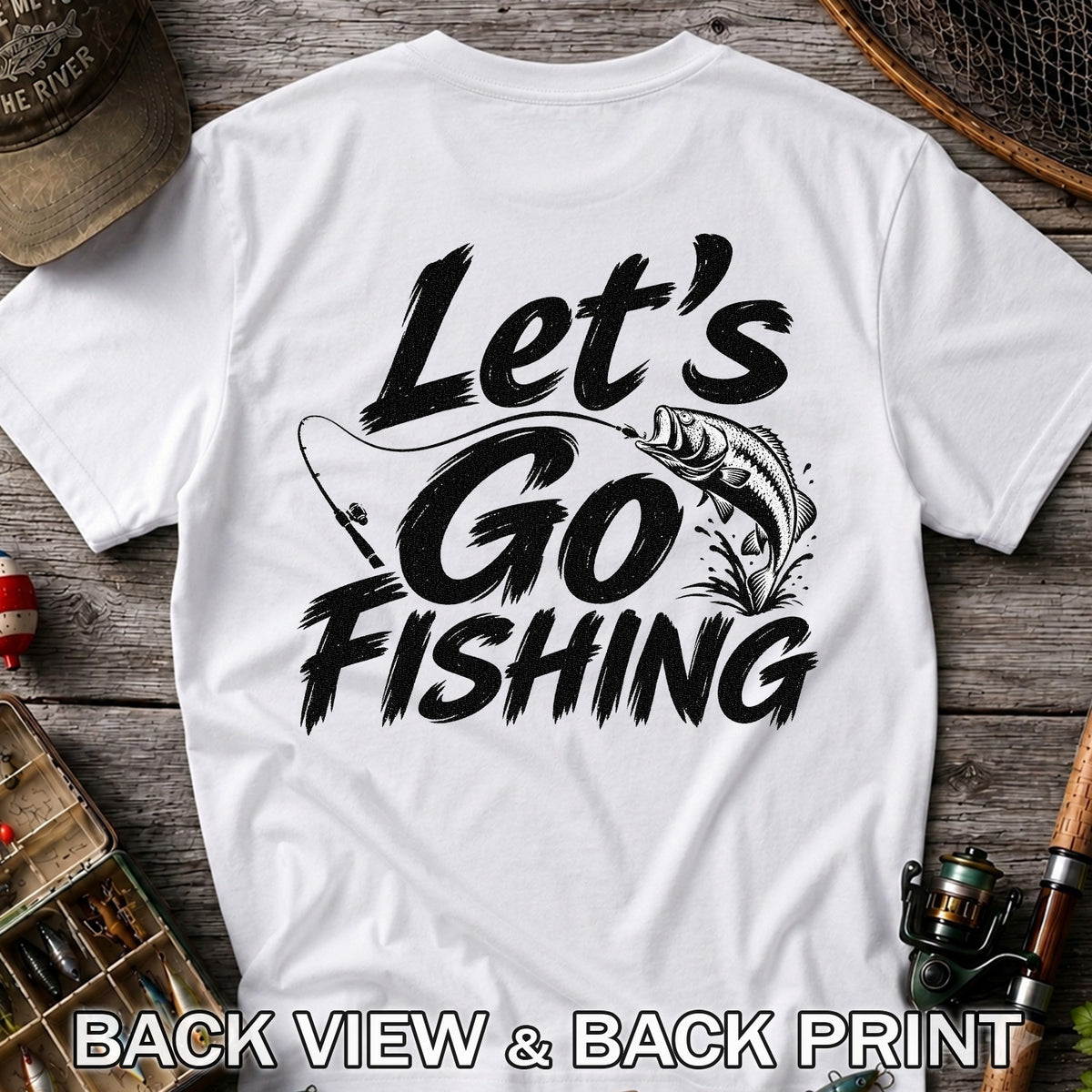 Let's Go Fishing with Jumping Bass Graphic T-Shirt | Back Print