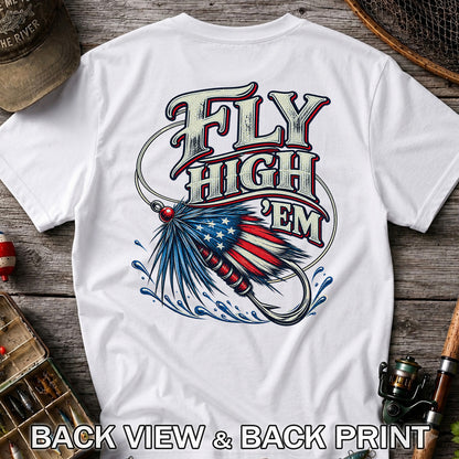 Fly High 'Em American Flag Fly Fishing Lure T-Shirt | Back Print