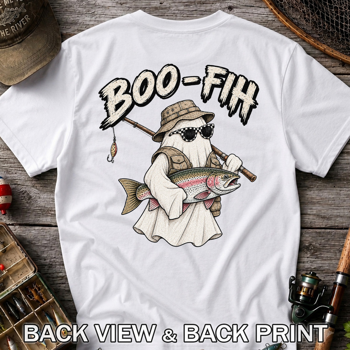 Boo-Fih Ghost Holding Rainbow Trout Halloween Fishing T-Shirt | Back Print