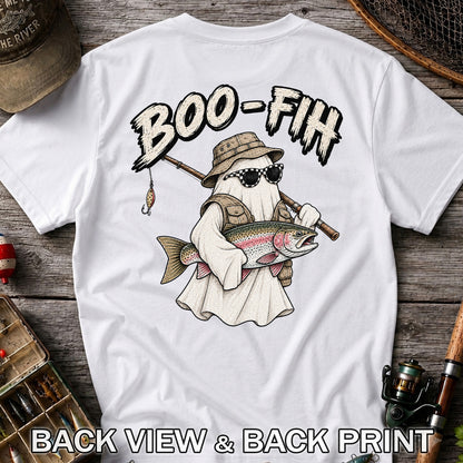 Boo-Fih Ghost Holding Rainbow Trout Halloween Fishing T-Shirt | Back Print
