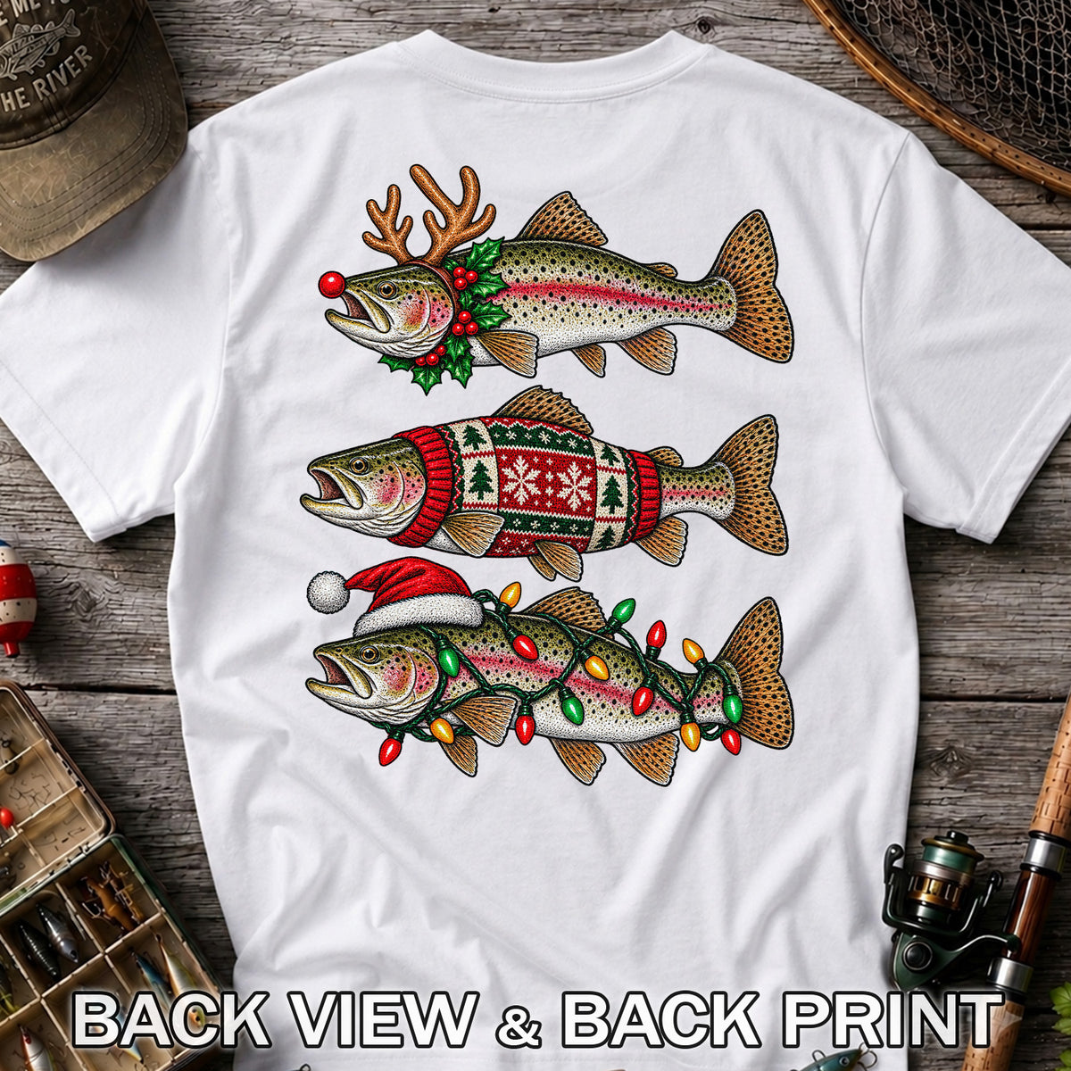 Christmas Trout Antlers Sweater and Lights Fishing T-Shirt | Back Print