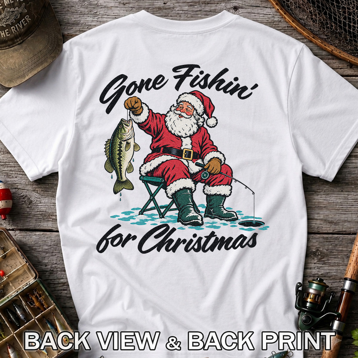 Santa Fishing with Bass Christmas Graphic T-Shirt | Back Print