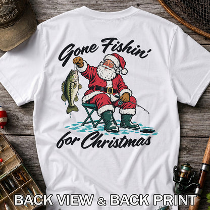 Santa Fishing with Bass Christmas Graphic T-Shirt | Back Print