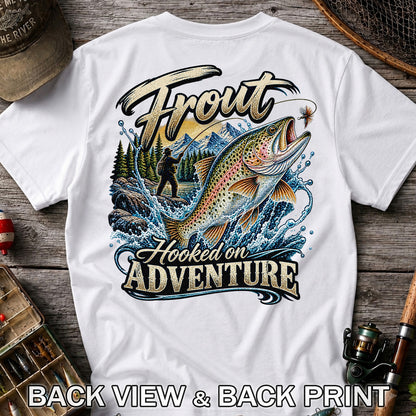Trout Hooked on Adventure Mountain Fly Fishing T-Shirt | Back Print