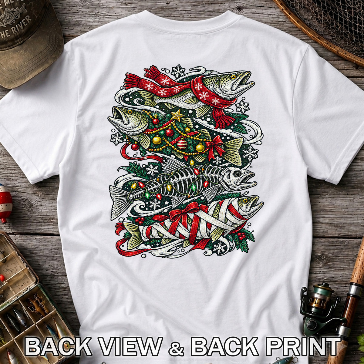Christmas Trout and Fish Skeleton Holiday Fishing T-Shirt | Back Print