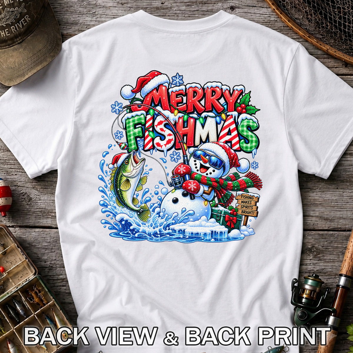 Merry Fishmas Christmas Fishing Graphic T-Shirt | Back Print