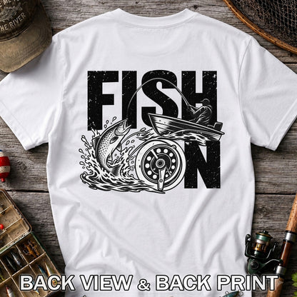 Fish On Jumping Trout and Fishing Boat Graphic T-Shirt | Back Print
