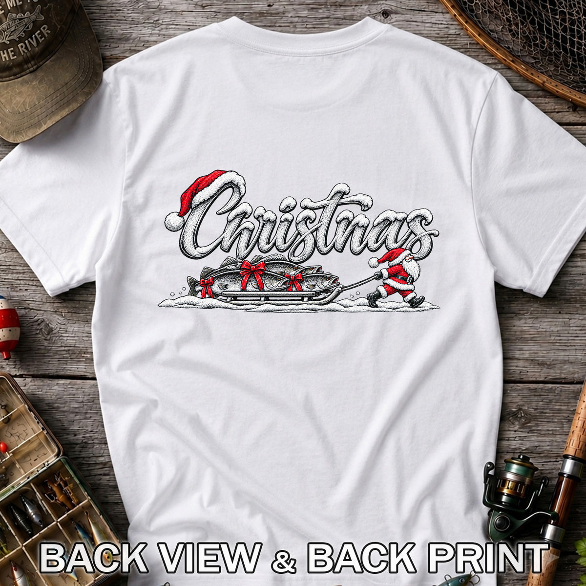 Christmas Santa Pulling Trout Fishing Sled Graphic T-Shirt | Back Print